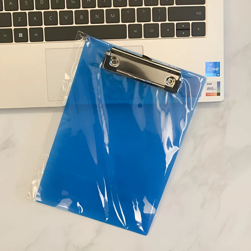 Transparent A4 plate holder with metal flat clip and writing board pad in blue colour