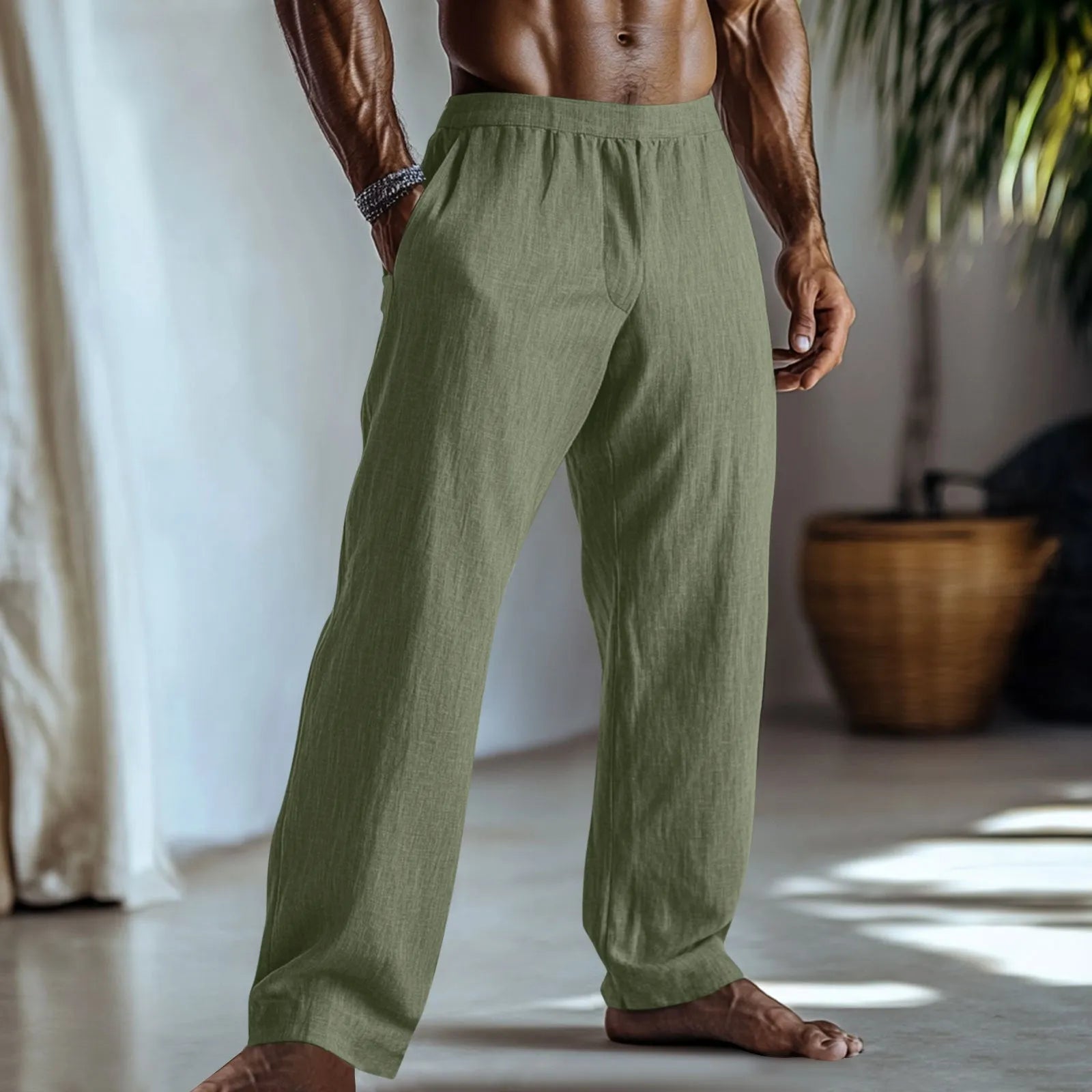 Cotton and linen straight-leg casual trousers in British style with multiple colour options