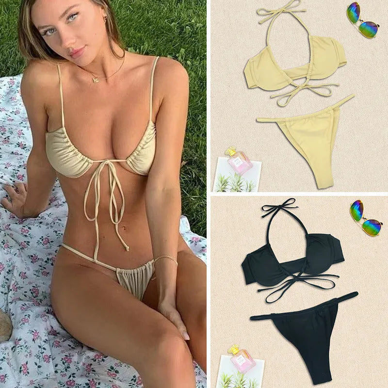 Women's black and mint green two-piece bikini swimsuit with separate bra top and matching panties