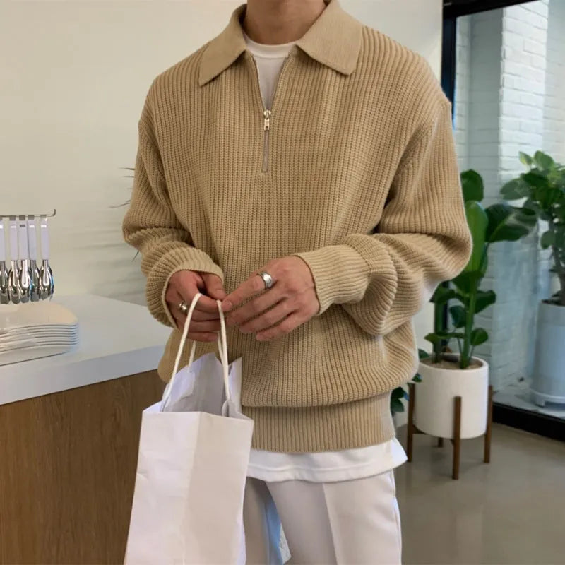 Men's loose lapel sweater pullover in khaki, black or gray, light business knitwear, sizes M to 3XL
