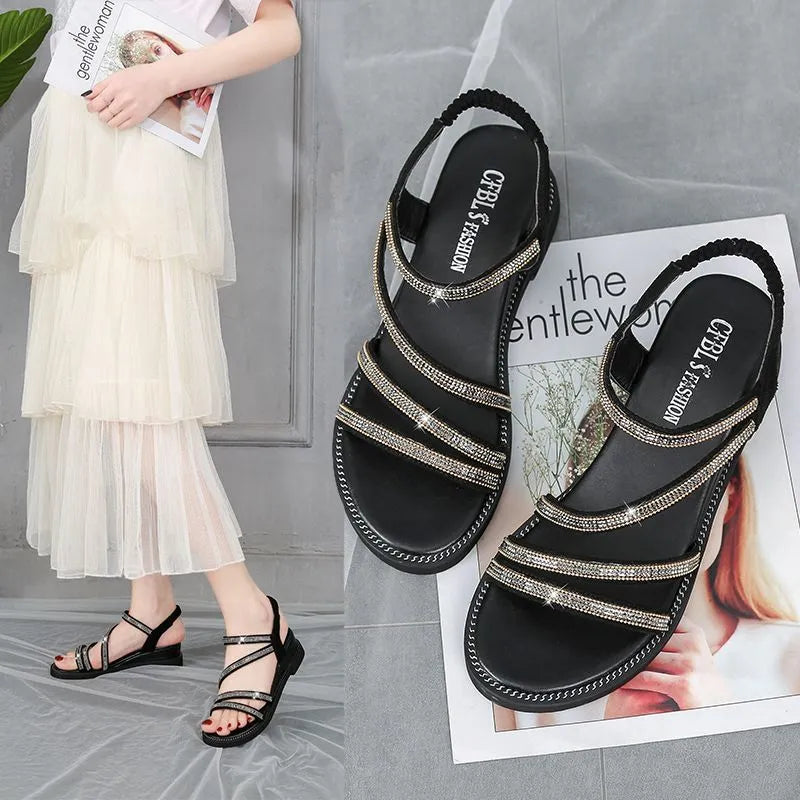 Women's silver Korean-style flat sandals with rhinestone sequins and an elastic band.