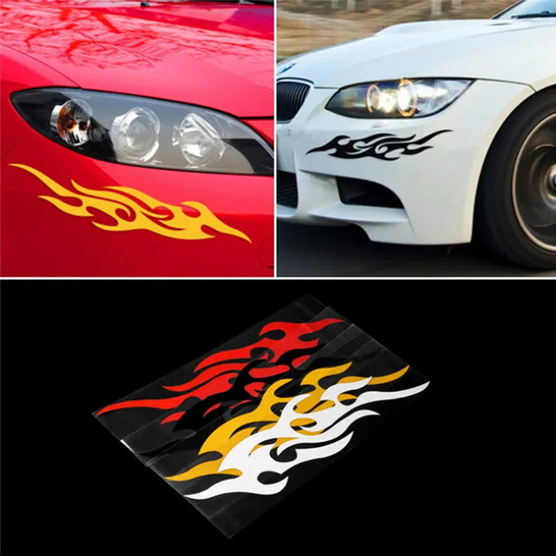 Fire pattern car sticker in reflective silver white, black, red, or reflective yellow, PET material, 18cmX8cm or 30cmX13cm.