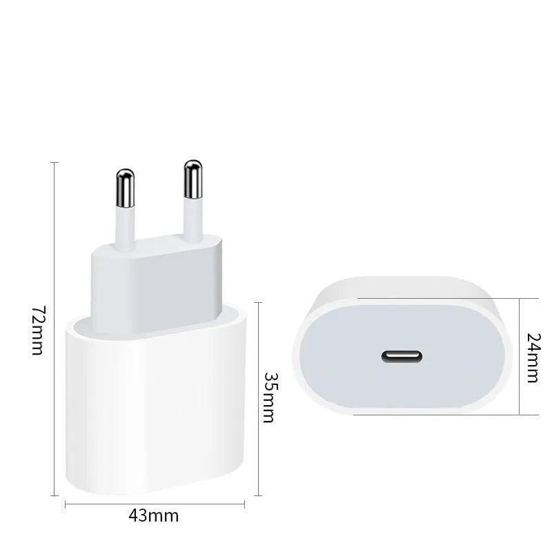 PD20W mobile phone charger with USB port, available in EU and US plug types.