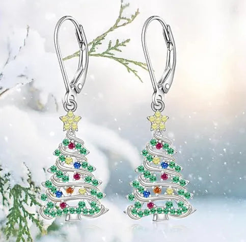 White gold coloured Christmas tree earrings for women with star accents on copper pendant