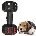 Black durable rubber dumbbell dog chew toy with textured surface and hollow ends for treats.