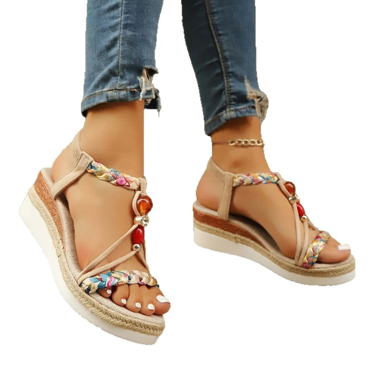 Women's rhinestone beaded wedge platform heels in apricot with fish mouth toe and elastic band