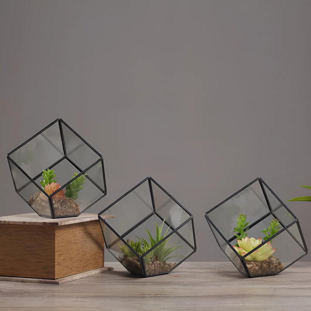 Oblique square small transparent glass greenhouse flowerpot with Nordic geometric style and 10*10 bottom diameter