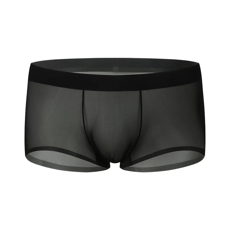 Men's seamless ice silk boxers in black, low-rise quick-dry nylon shorts on white background