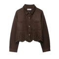 Women's solid colour hollow-out hem top and pants set with long sleeves and button details in size M