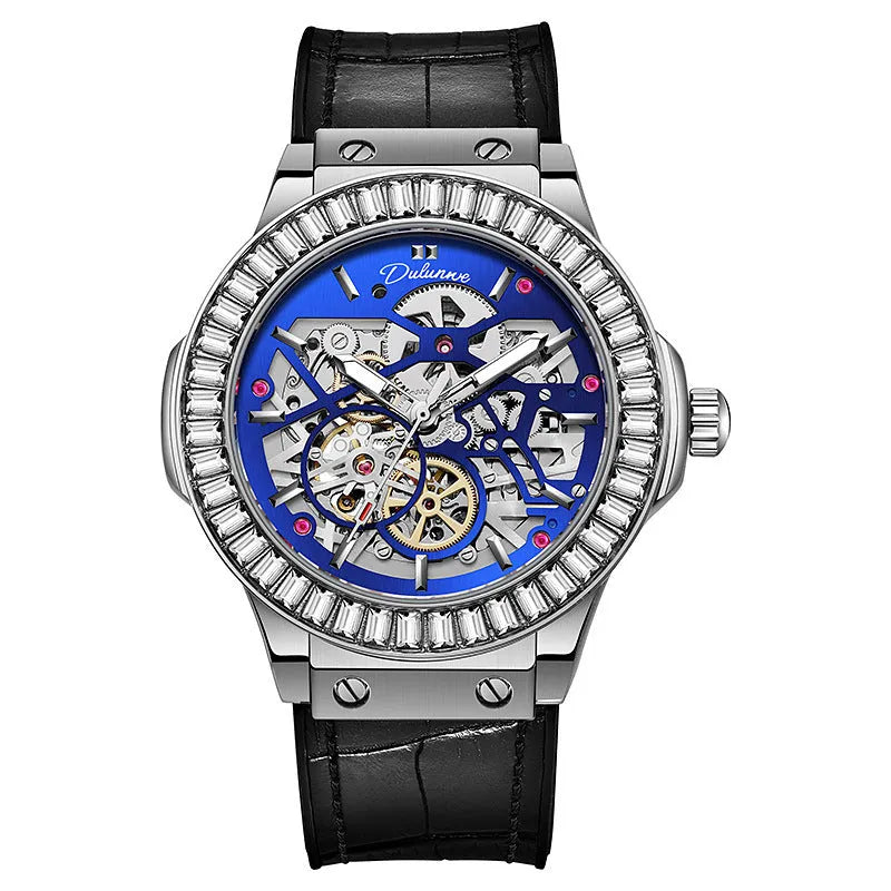 Men's automatic mechanical skeleton watch with diamond studs on a white dial.