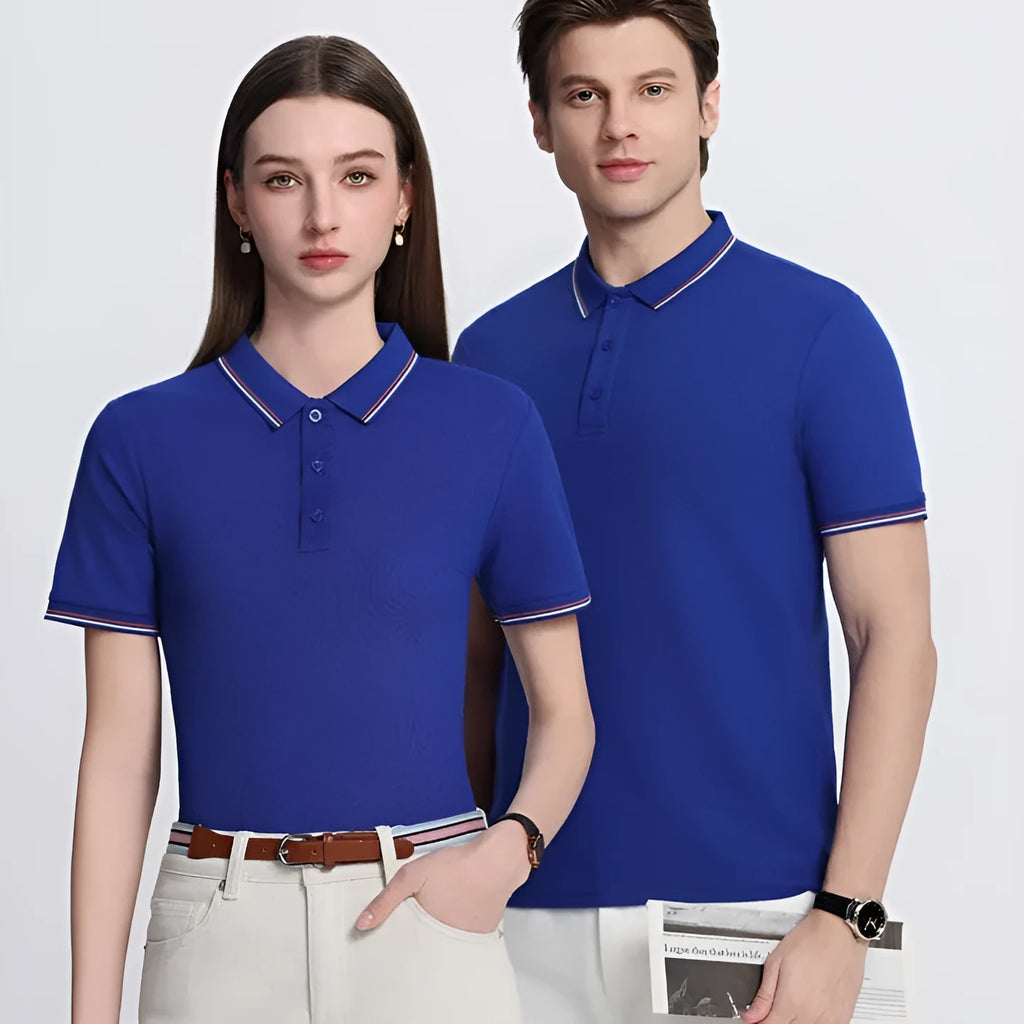 Men's short sleeve ice-feel work polo shirt in a light blue colour with a printed pattern.