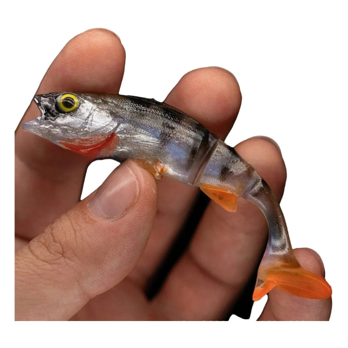Two soft plastic fishing lures with fish T tails and realistic fish colour patterns on a blue background.