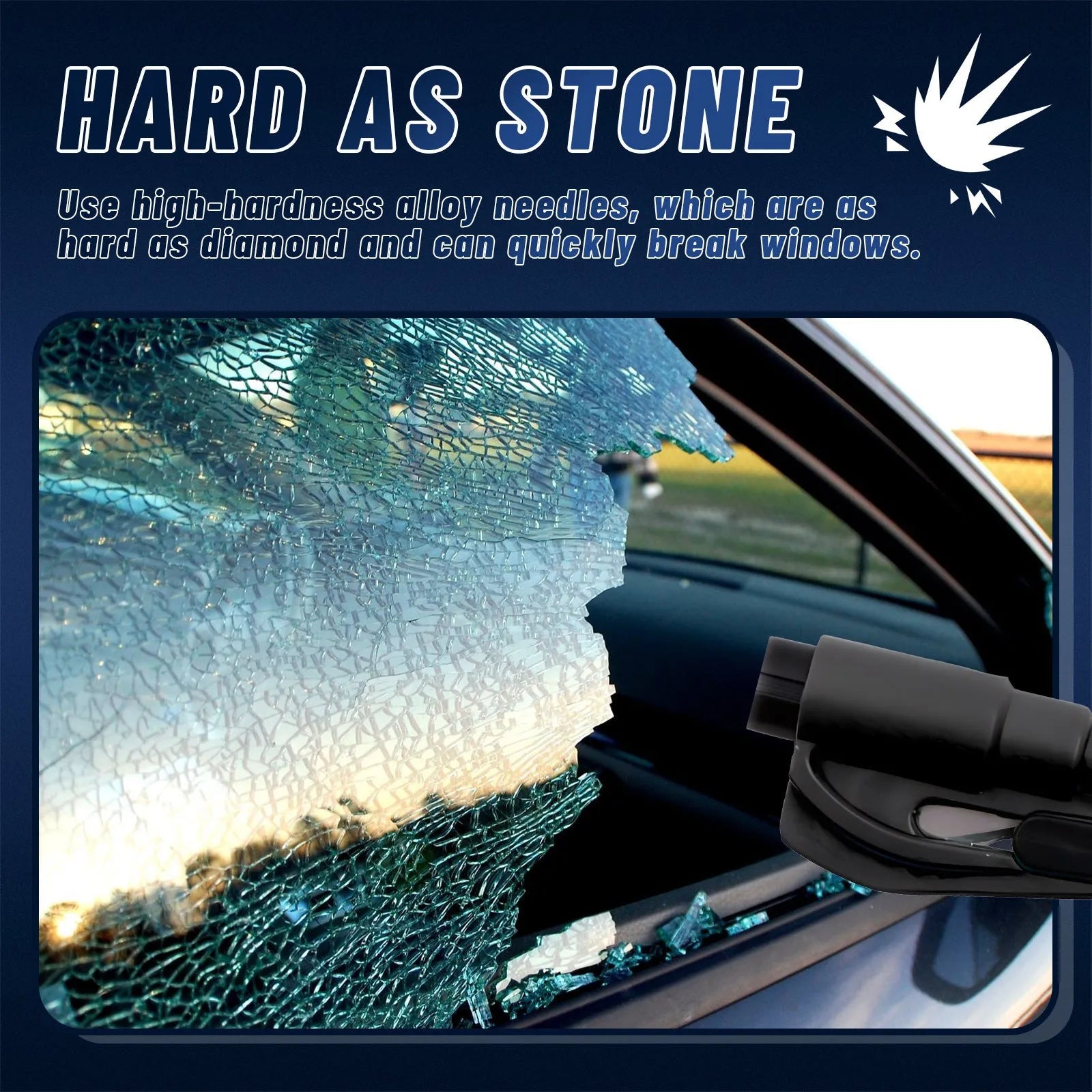 Compact car emergency glass breaking hammer with integrated seatbelt cutter measuring 3.5 x 7.5 cm