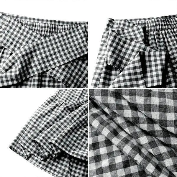 Ruffled hem strappy pleated loose skirt in polyester patchwork street hipster style Black