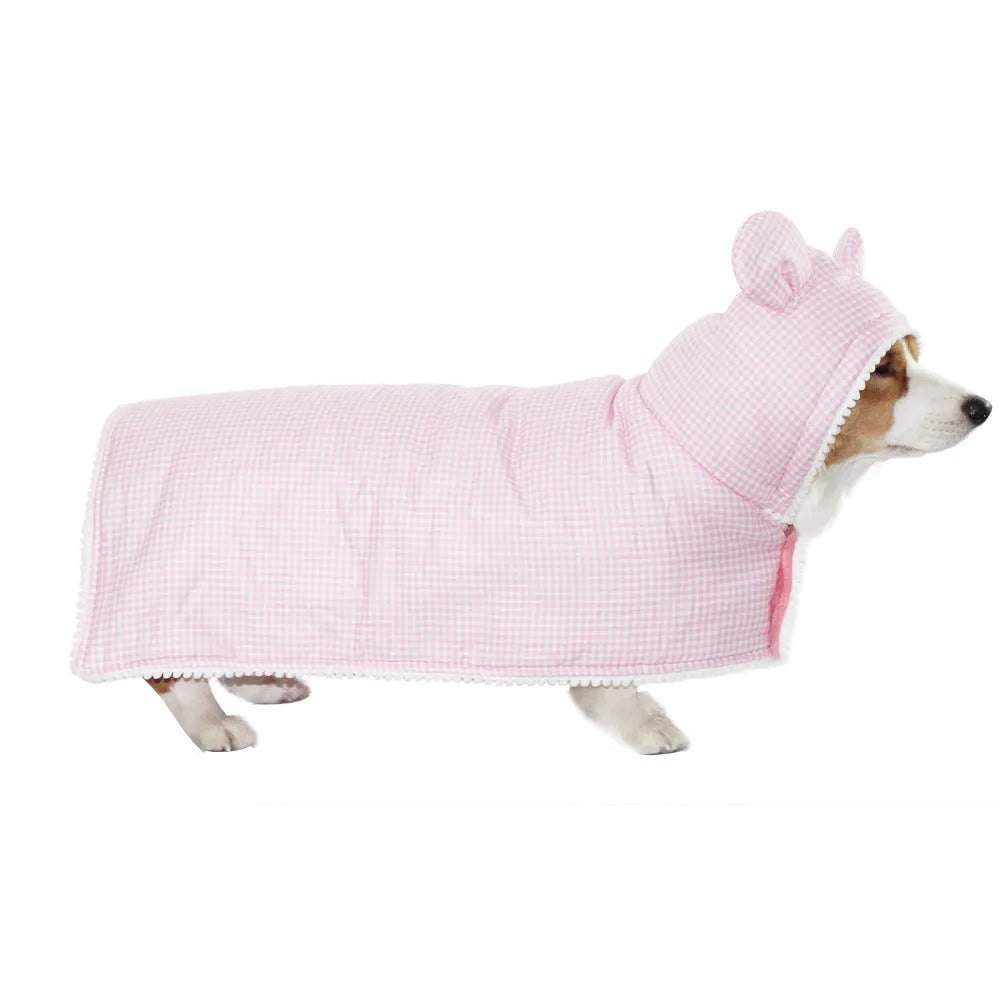 Cotton quilted plaid pet cloak in blue grid pattern for small to large dogs