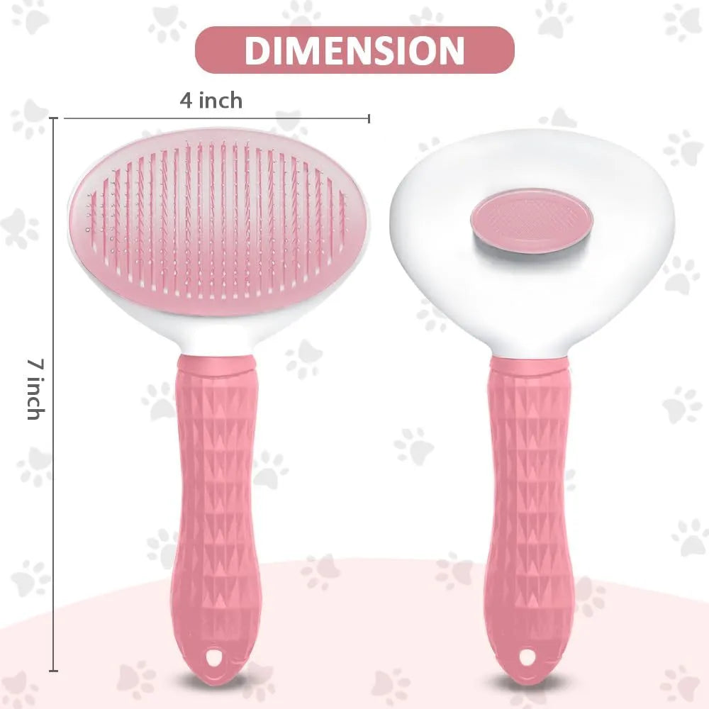Blue cat grooming brush with a release button for removing loose fur and tangles.