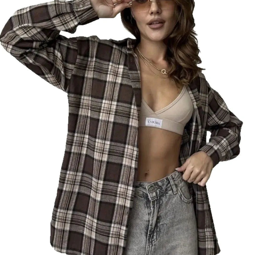 Women's dark brown striped long sleeve shirt in retro style with pocket option