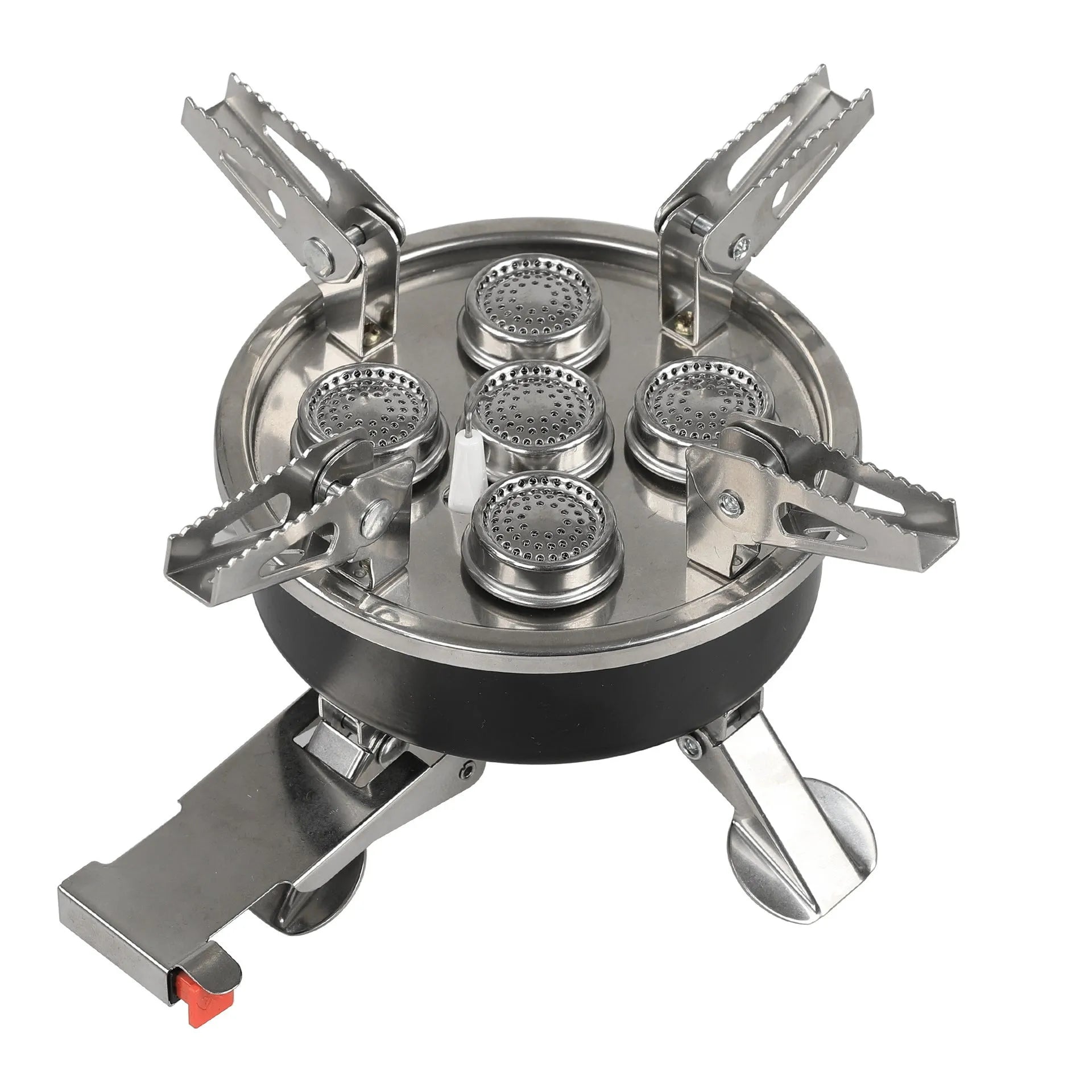 Silver portable split camping stove with fuel hose, shown folded to compact size for transport.