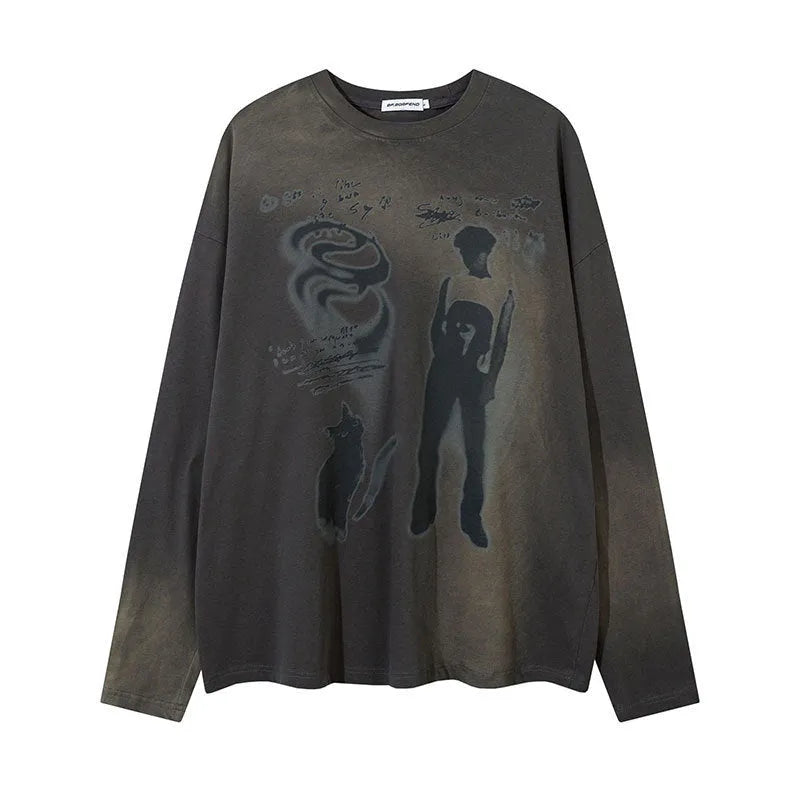 Women's loose cotton pullover top with letter pattern and drop-shoulder sleeves in dark grey