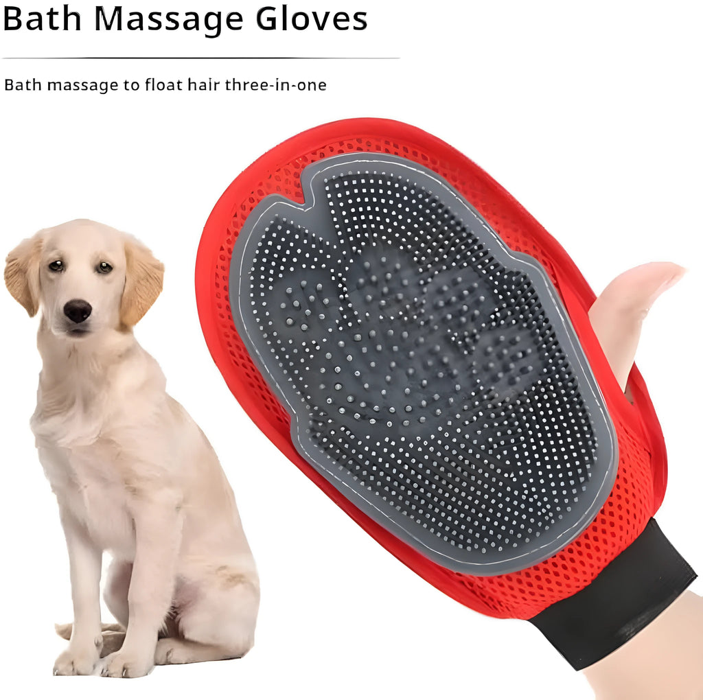 Red pet bathing grooming glove with integrated brush measuring 26cm by 16cm
