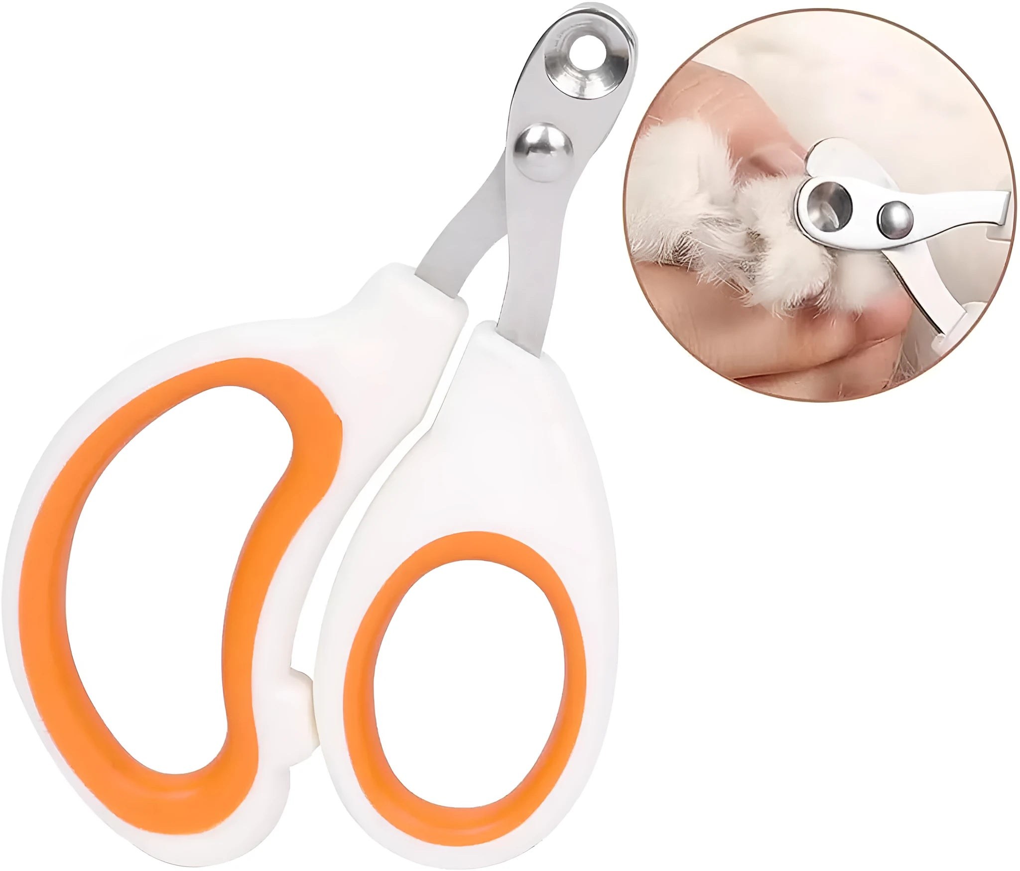 Blue pet nail clippers with a circular safety hole and non-slip handle on a white background.