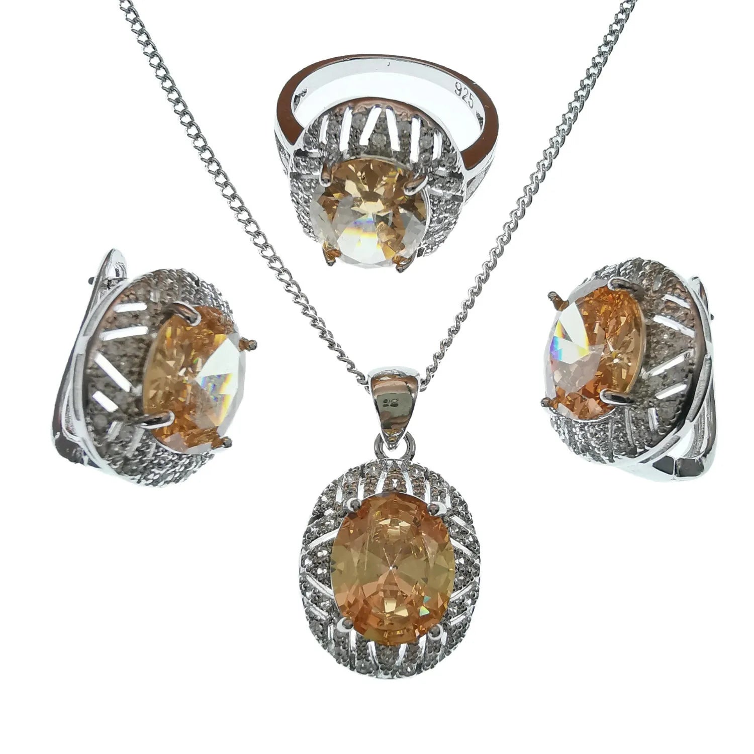 Mixed gem inlaid jewellery set with O-ring chain in black, including ring, necklace, bracelet, and earrings