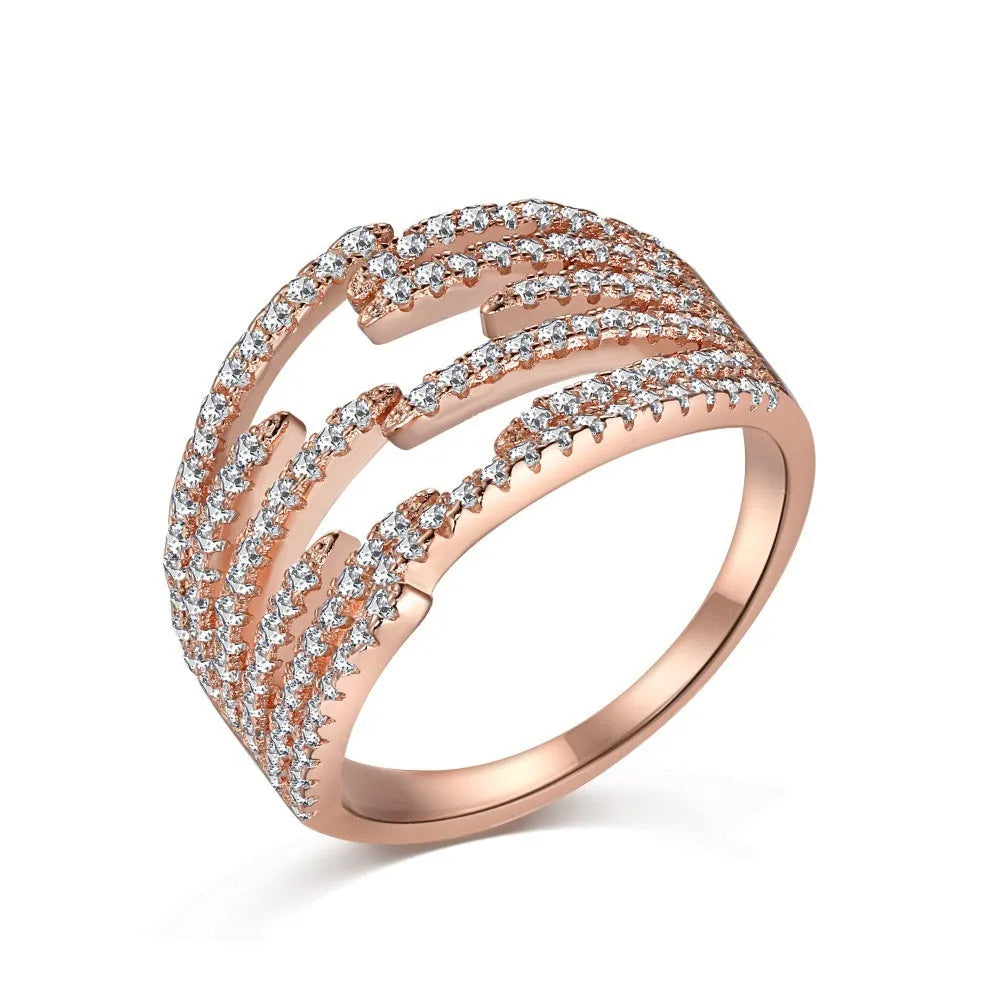 S925 sterling silver women's ring with multi-layer irregular line design and diamond accent in silver or rose gold