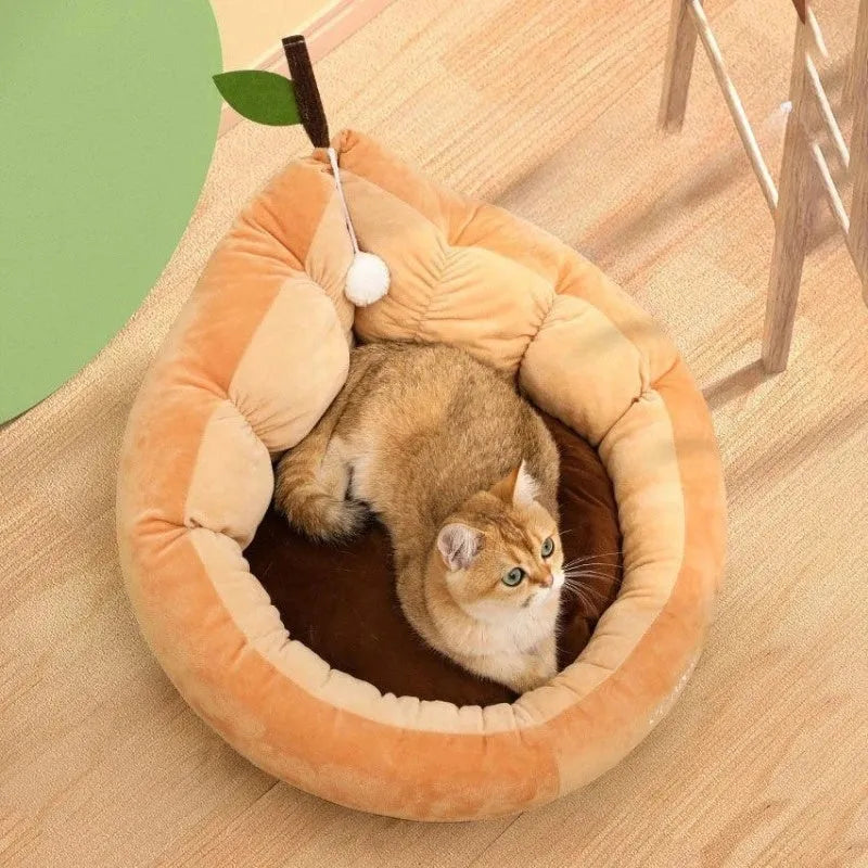 Soft green cotton enclosed pet bed house with removable cushion for a cat