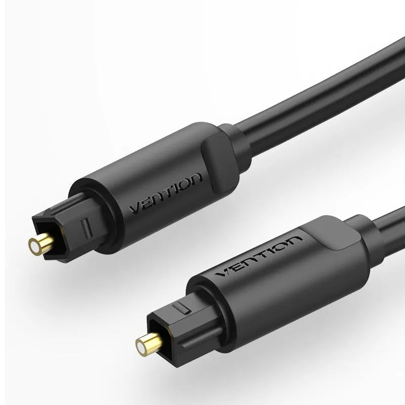 Black fiber optic audio cable with gold-plated connectors, shown in lengths from 1 m to 5 m