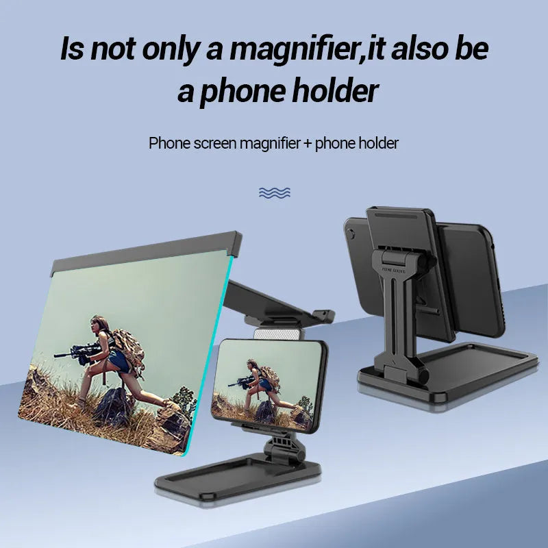 Black folding mobile phone screen amplifier and holder with 12-inch magnifier for iPhones
