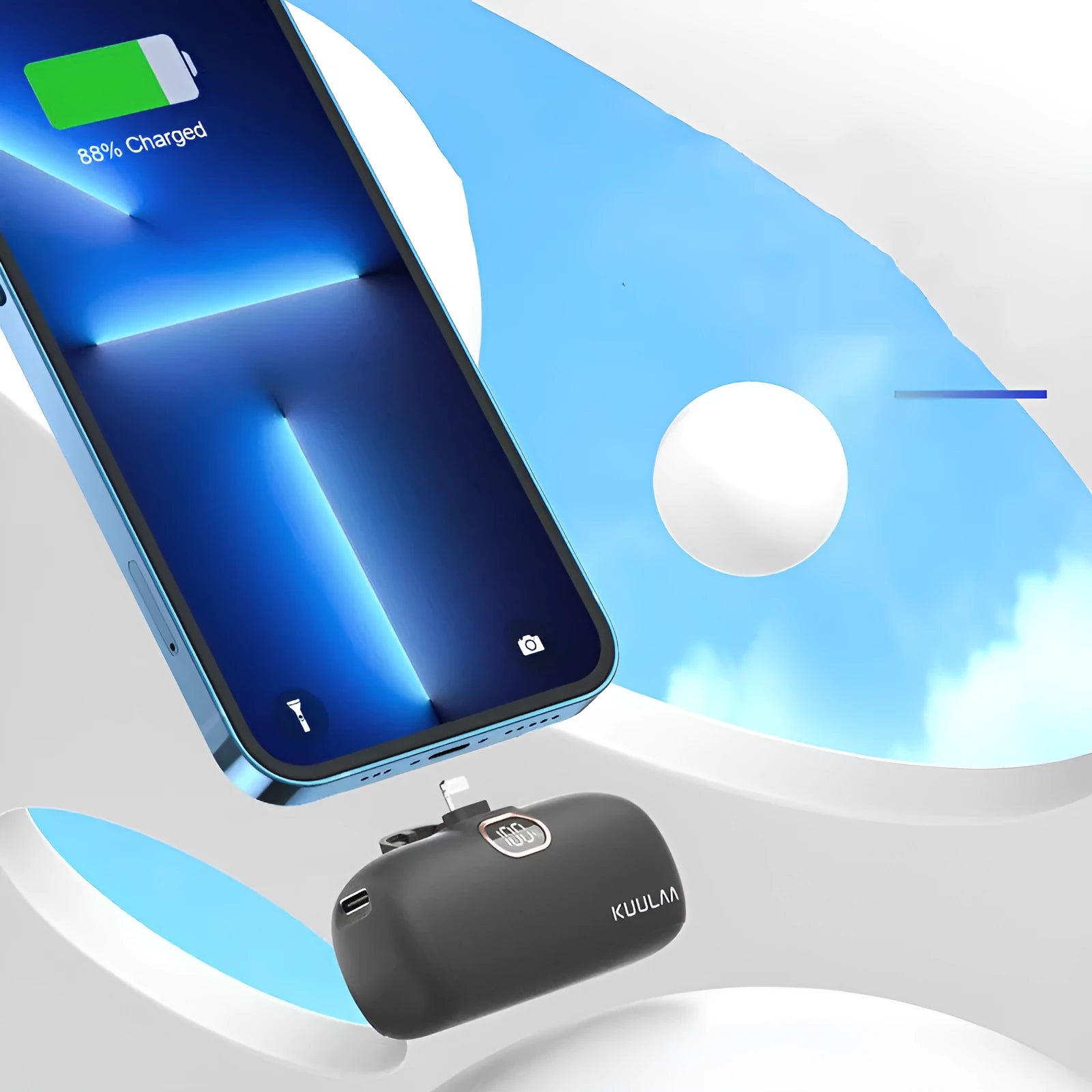 Compact cylindrical alloy power bank with built-in charging cable and LCD digital display.