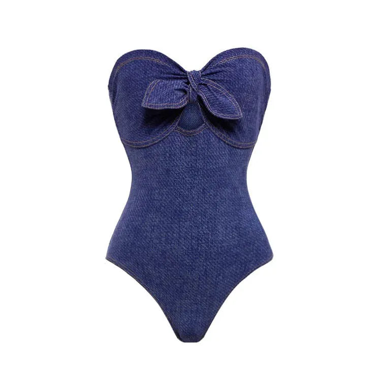 Women's denim colour vintage one-piece swimsuit with separate skirt for beach holidays
