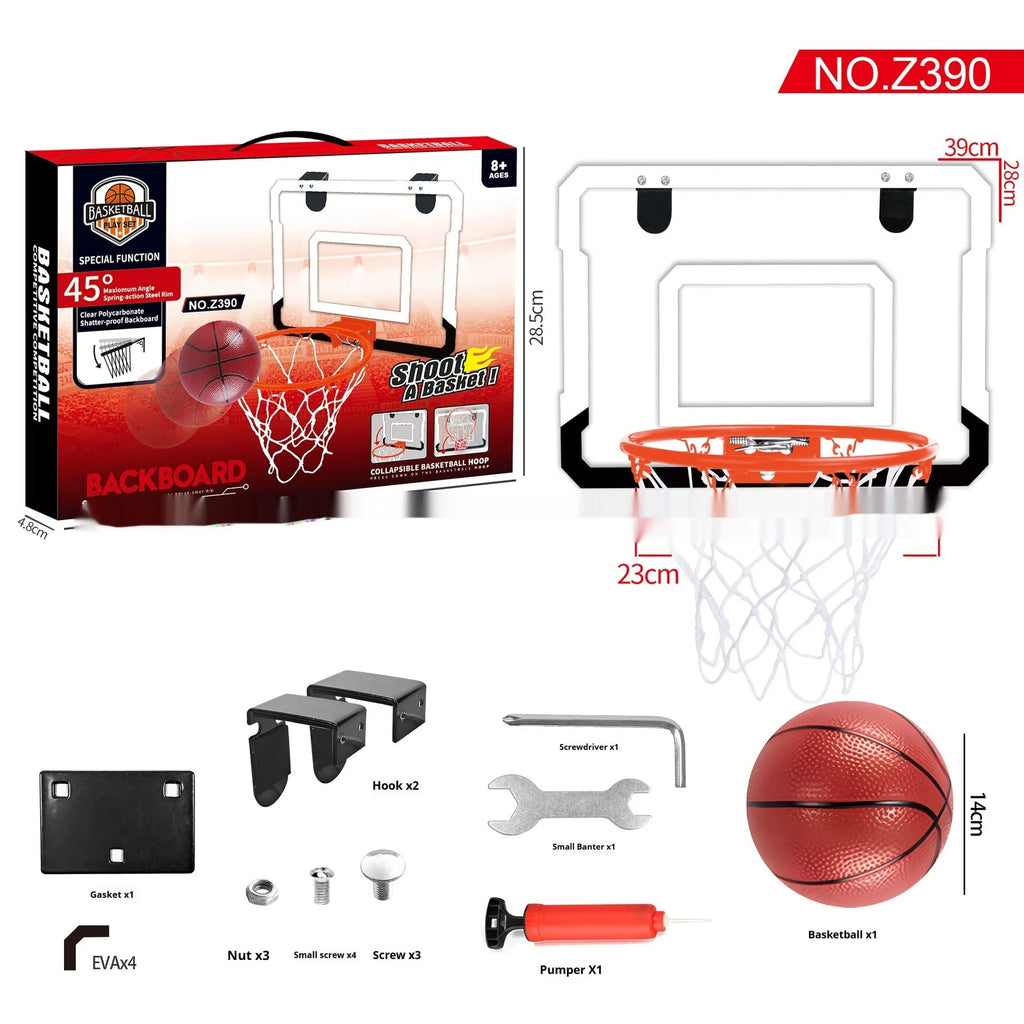Red and blue folding basketball frame with suction cups, shown in dunking and scoring positions.