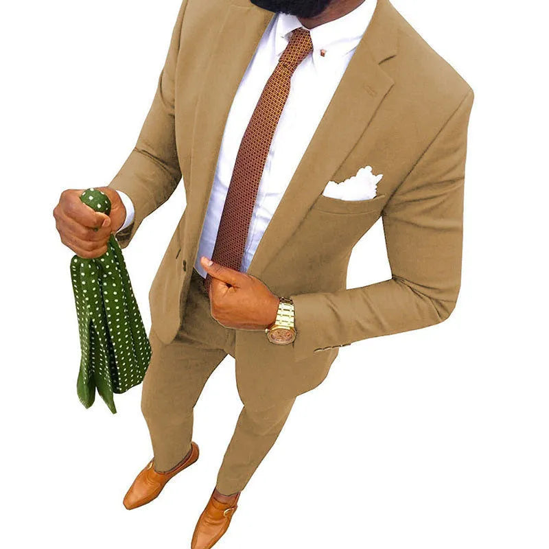 Classic men's cotton suit jacket and trousers on a hanger, available in multiple solid colours.