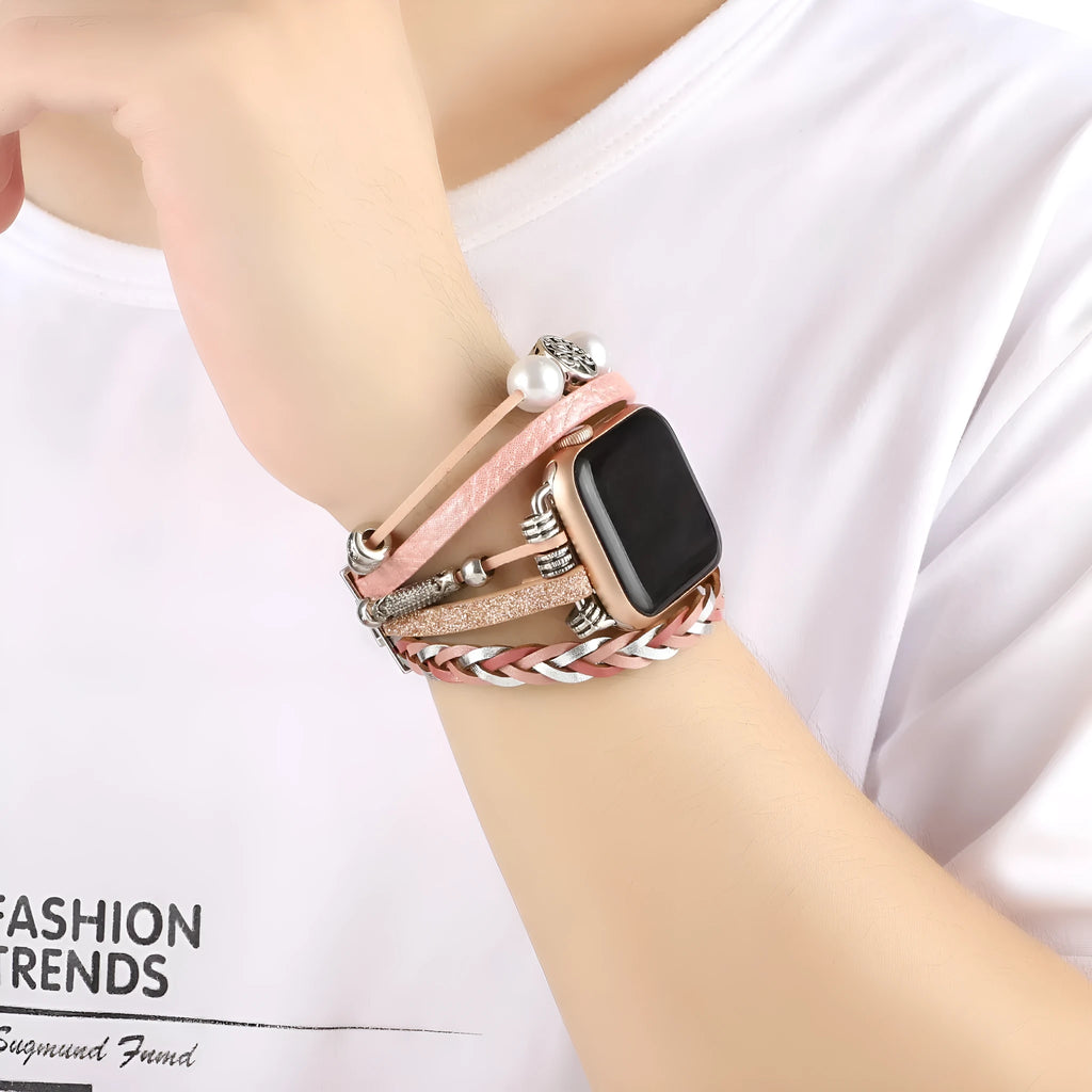 Vintage metal leather beaded watch strap for Apple Watch in silver colour with buckle closure