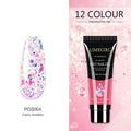 Twelve pots of glitter extension gel in colours 001 through 012, each 15ml, on a white background