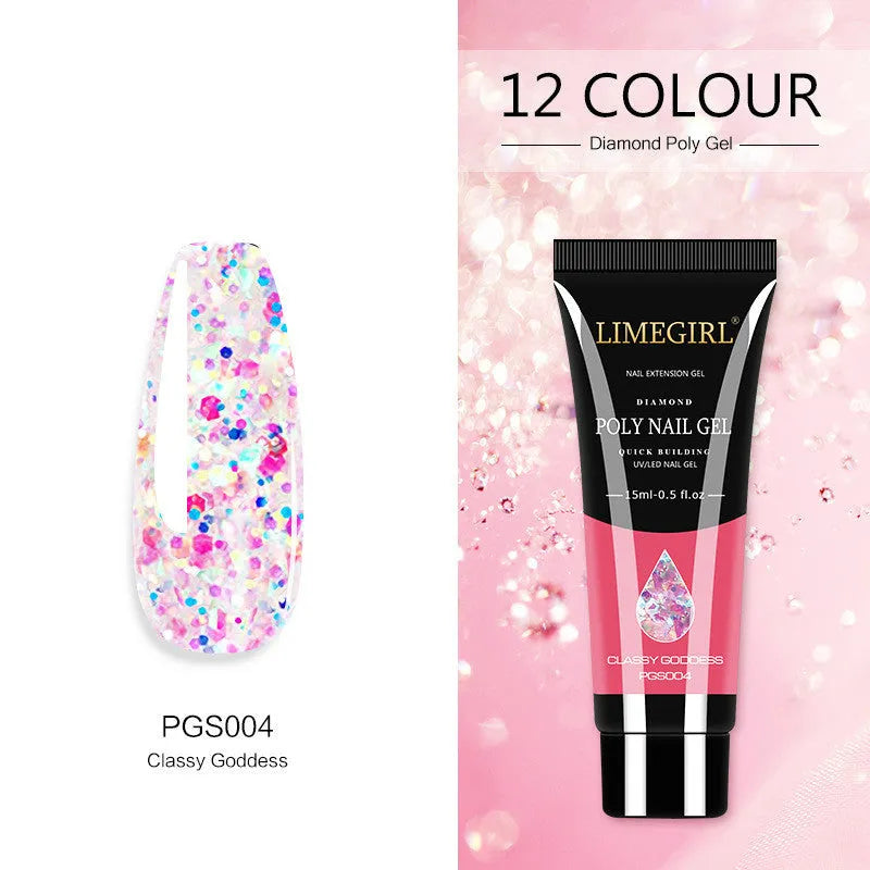 Twelve pots of glitter extension gel in colours 001 through 012, each 15ml, on a white background