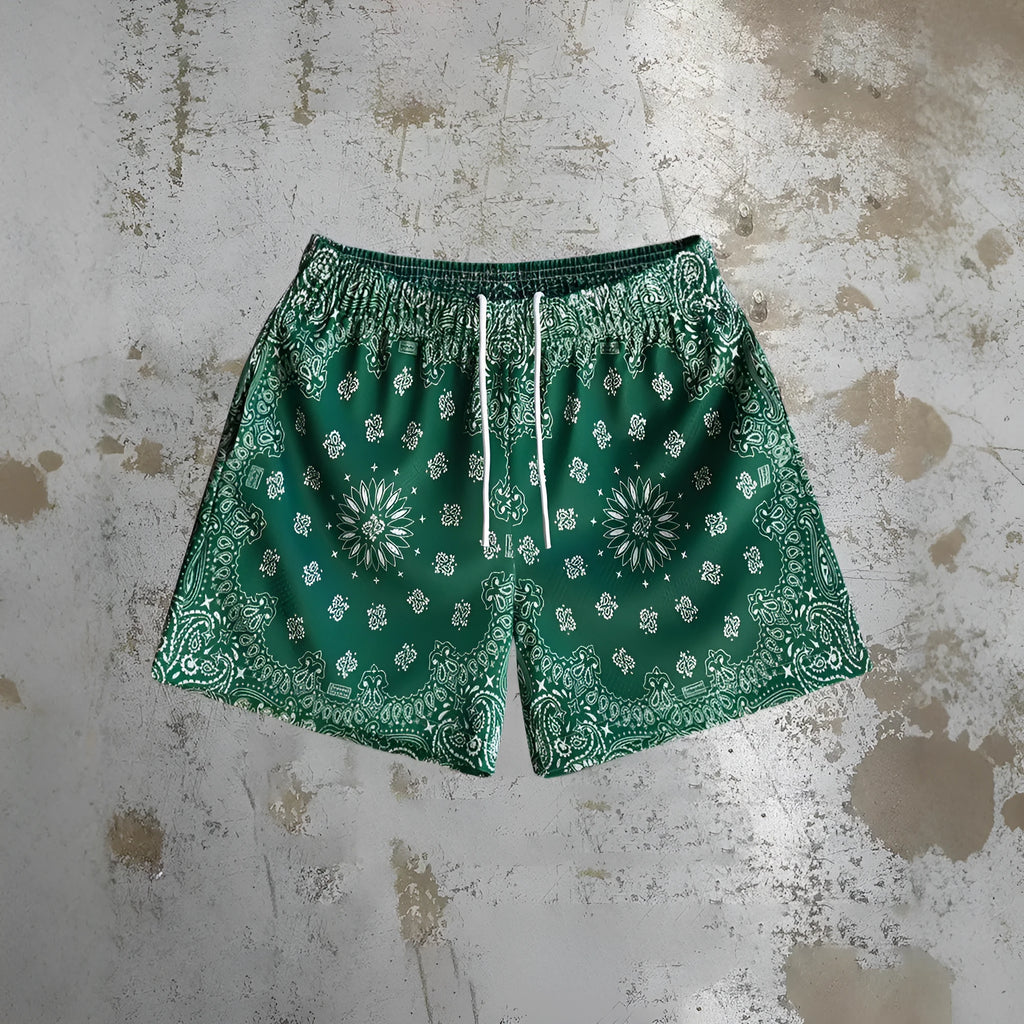 Men's loose fit beach shorts with digital print pattern in milk silk polyester fabric