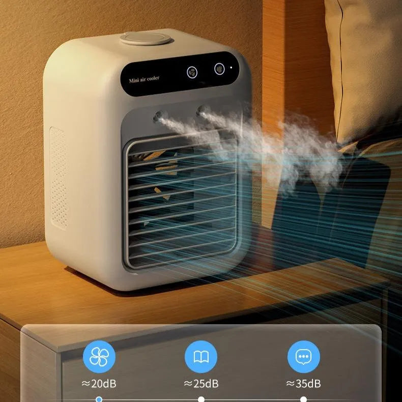 Ivory white portable USB air cooler fan with touchscreen panel on a desk