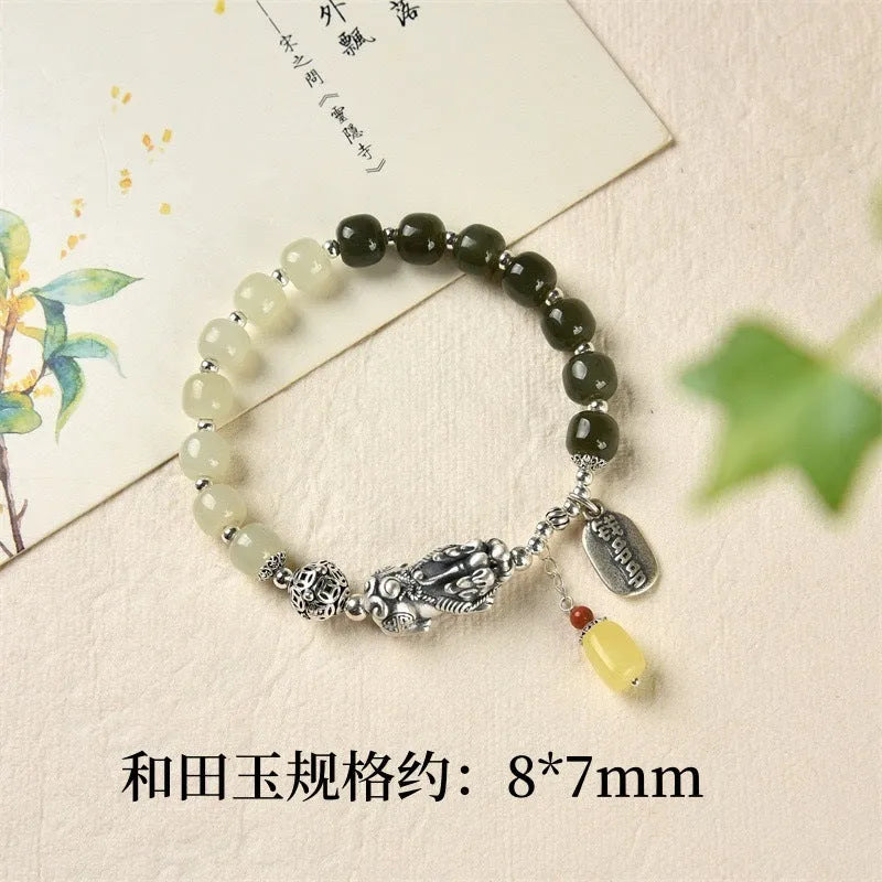 Pure silver coin bracelet with 8x7mm Hetian jade centrepiece in retro women's jewellery design