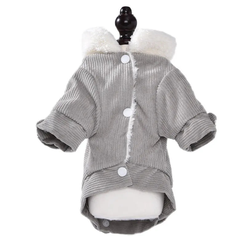 Grey lambswool dog vest with fleece lining, shown on a small dog.