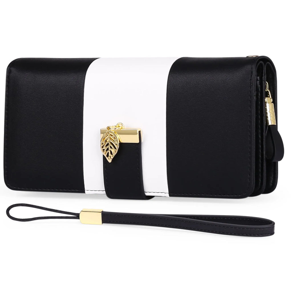 Midnight black women's PU leather clutch bag with a lock closure, shown open to reveal RFID-blocking wallet compartment.