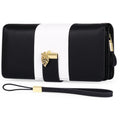 Midnight black women's PU leather clutch bag with a lock closure, shown open to reveal RFID-blocking wallet compartment.