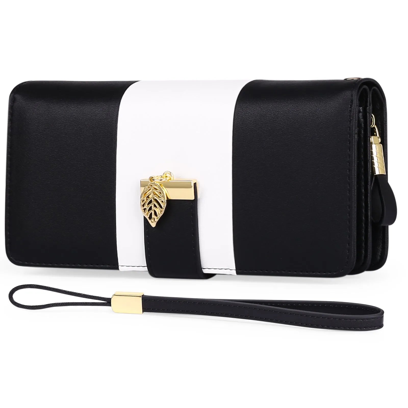 Midnight black women's PU leather clutch bag with a lock closure, shown open to reveal RFID-blocking wallet compartment.