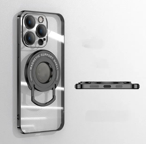 Transparent magnetic suction iPhone case with extended pull rod stand in far peak blue colour