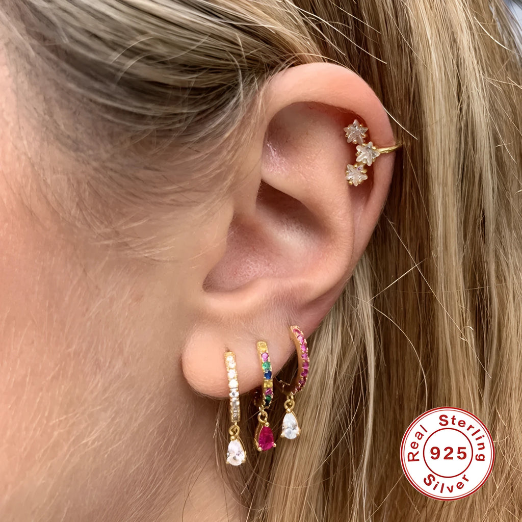 S925 sterling silver water drop earrings with geometric design and coloured crystal stones.