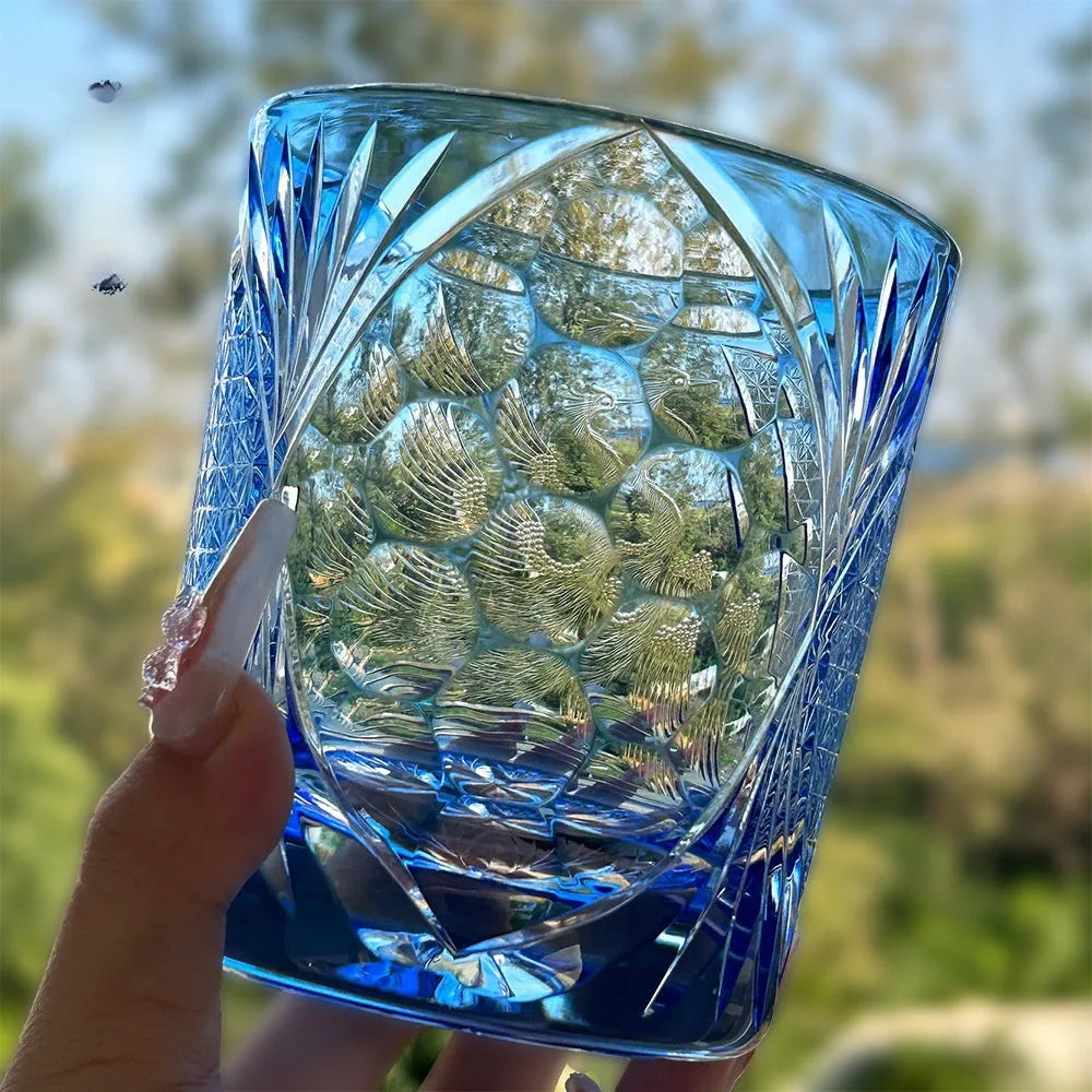 Sky blue hand carved crystal glass whiskey shot glass, 90 x 100mm, 301-400ml capacity, simple modern style