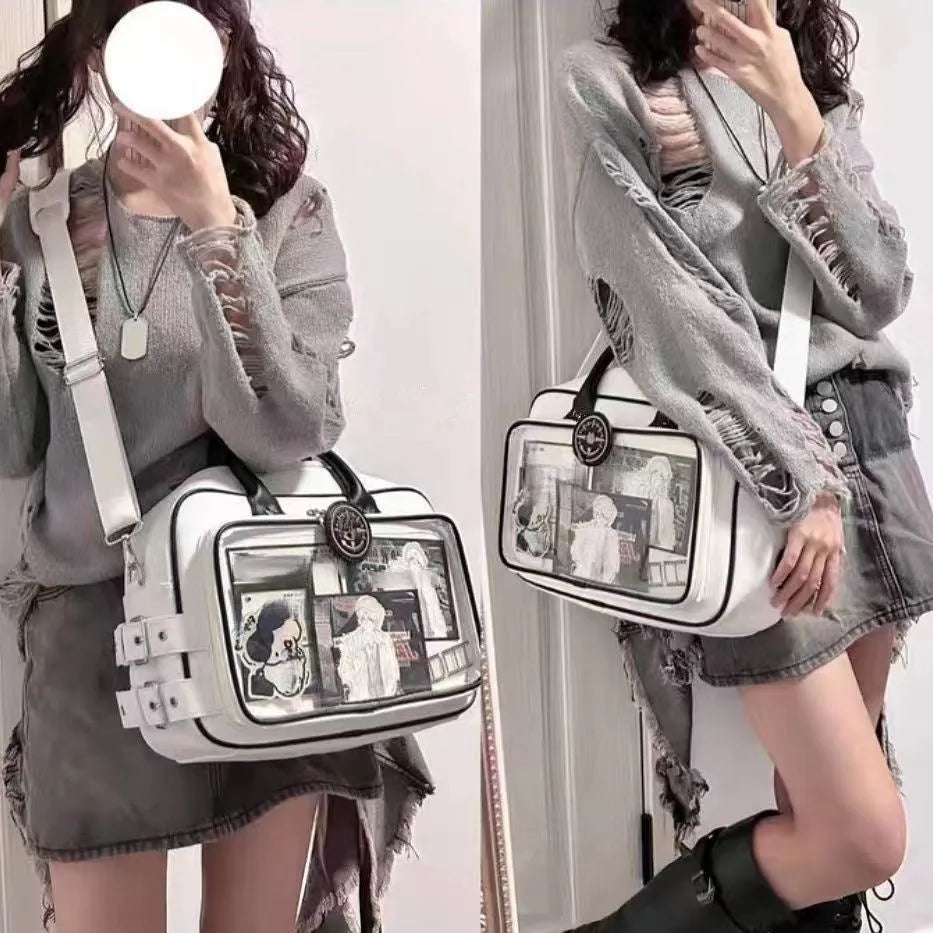 One-shoulder PU crossbody bag 42x24cm in white or black with zipper change bag