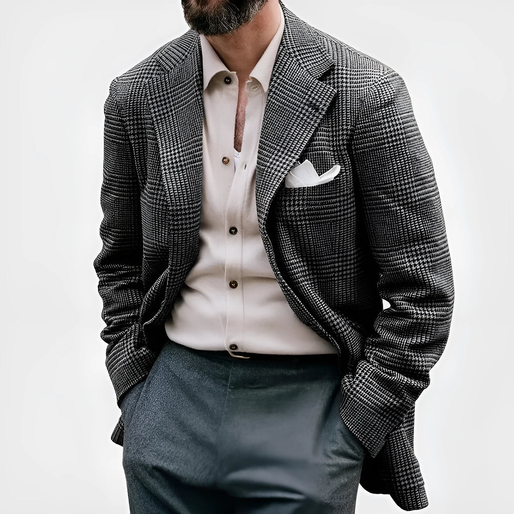 Men's double-breasted suit jacket in polyester blend with notch lapel, long sleeves, regular length fit