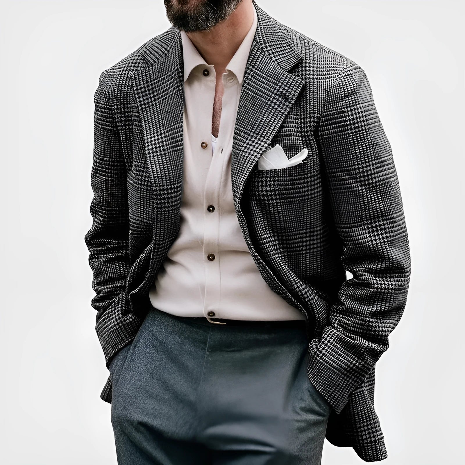Men's double-breasted suit jacket in polyester blend with notch lapel, long sleeves, regular length fit